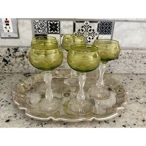 Antique Saint Louis Chartreuse Green Gilt Engraved Pattern 887 Hock Wine Glass D